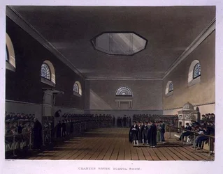 Charter House School Room, de "History of Charter House School", parte de "History of the Colleges", gravada por J. Bluck (fl.1791-1831) pub. por R. Ackermann