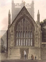 Exterior do Merton College, de frente para a janela norte da capela Ante, ilustração da 