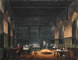 Hall da Westminster School, da "History of Westminster School" de Ackermann, parte da "History of the Colleges", gravada por J. Stadler, publicada em 1816 (aquatint)
