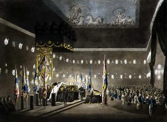 Restos de Lord Viscount Nelson deitado na Câmara de Pinturas do Hospital Greenwich, gravados por J. Merigot, pub. 1806 (gravura a cores)