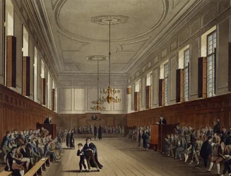Sala da escola de Eton, de "História da faculdade de Eton", parte da "história das faculdades", gravada pelo bar de Joseph Constantine Stadler (fl.1780-1812). por R. Ackermann, 1816 (aquatinta)