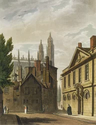 Frente do Trinity Hall, Cambridge, de "A História de Cambridge", gravada por Joseph Constantine Stadler (fl.1780-1812), pub. por R. Ackermann, 1815 (cor aquatint)