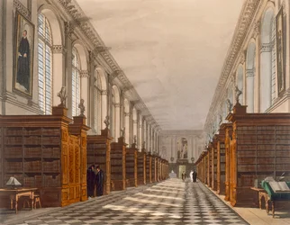 Interior da biblioteca da faculdade do Trinity, Cambridge, da história de Cambridge, gravado por Daniel Havell (1785-1826), bar. por R. Ackermann, 1815 (cor aquatint)