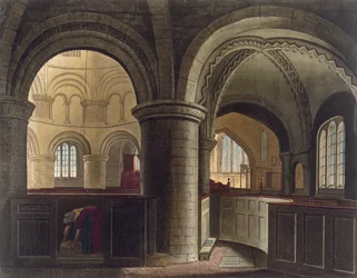 Interior da Igreja do Santo Sepulcro, Cambridge, de "A História de Cambridge", gravada por J. Hill, pub. por R. Ackermann, 1815 (cor aquatint)
