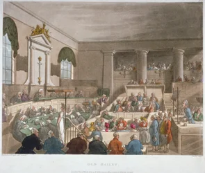 Vista interior da Sessions House, Old Bailey, com um tribunal em sessão, City of London, 1809