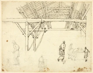Estudo rejeitado, possivelmente para ilustração da Custom House, da Microcosm of London (reto); Esboços de Trabalhadores com Barris (verso)