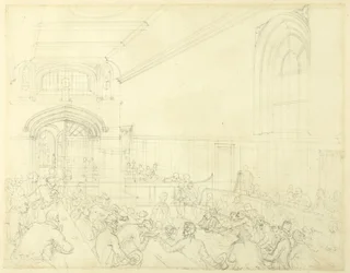 Estudo para Guild Hall, exame de um falido antes de seus credores, da Microcosm of London