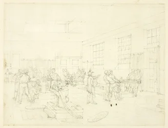 Estudo para a Casa da Moeda, a partir de Microcosmos de Londres (anverso); Esboço do pátio (verso)