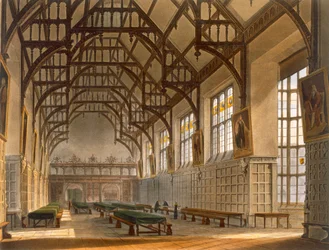 O Hall do Trinity College, Cambridge, de "A História de Cambridge", gravado por J. Bluck (fl.1791-1831), pub. por R. Ackermann, 1815 (cor aquatint)