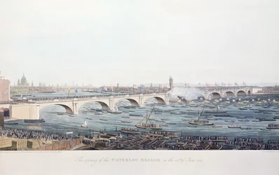 Abertura da Ponte Waterloo em 18 de junho de 1817, gravada por A. Pugin a partir de um desenho de W. Findlater, gravado por R. Havell und Son, 1818 (gravura colorida)
