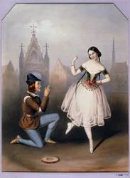 Carlotta Grisi como Esmeralda e Jules Perrot como Gringoire - La Esmeralda, ballet em 3 actos ... (litografia)