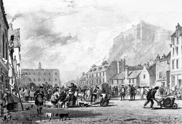 O Castelo do Grass Market, Edimburgo, gravado por George Cooke e Henry Le Keux, 1820