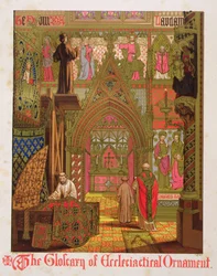 Tapeçarias, penduras e panos de altar, do "Glossário do Ornamento Eclesiástico e do Traje", litografia de H.C. Maguire