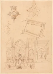 Desenhos para Ornamentação Gótica, um Ajoelhador, e Dois Esboços do Interior das Igrejas Góticas