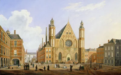O Binnenhof em Haia com vista para o Ridderzaal com soldados e outras figuras no pátio