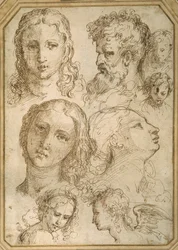 Estudos da cabeça: uma mulher, um anjo, um jovem e um homem barbado (caneta e tinta marrom sobre papel branco)