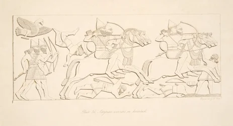Guerreiros assírios a cavalo, de Monuments of Nineveh, pub. 1849