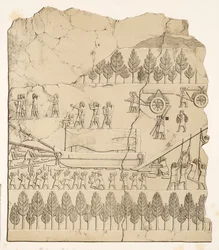 Assírios movendo um Touro alado sobre um marreta (Kouyunjik), de Monumentos de Nineveh, pub. 1849 (gravura)