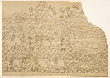Biga e atendentes de Senaqueribe e um castelo em uma montanha (Kouyunjik), dos monumentos de Nínive, bar. 1849