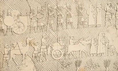 Detalhe de cativos e estragar da cidade de Lachich, ilustração de monumentos de Nínive, 1858
