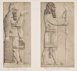 Deus dos peixes (Nimroud) e figura perto de uma entrada (Kouyunjik), dos monumentos de Nineveh, bar. 1849