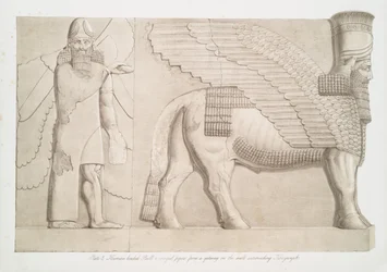 Touro de cabeça humana e figura alada de um portal na muralha ao redor de Kouyunjik [Quyunjik], 1853