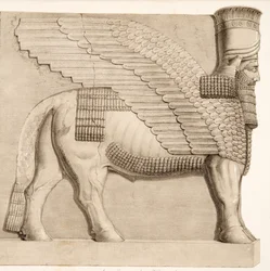 Touro dirigido humano e figura voada de uma entrada na parede que cerca Kouyunjik, dos monumentos de Nineveh, bar. 1849
