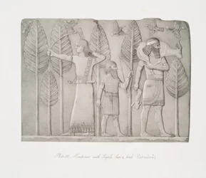 Caçadores com gazela, lebre e pássaros (Khorsabad)