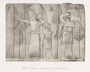 Monumentos de Ninevah: Placa 32, Huntsmen with Gazelle, Hare and Birds Khorsabad, 1853.