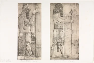 Monumentos de Ninevah: Placa 6, Deus dos peixes Nimroud, Figura perto de uma entrada Kouyunjik, 1853.
