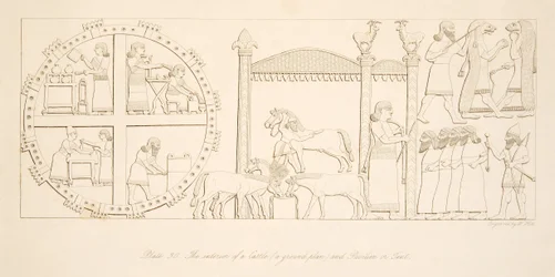 O interior de um castelo (um plano de terra) e pavilhão ou tenda, de monumentos de Nínive, pub. 1849