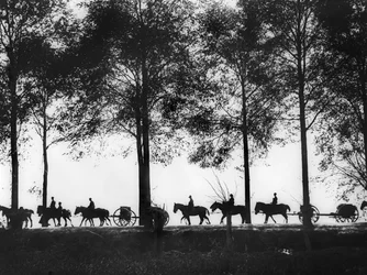 Uma visão, em silhueta, de membros da artilharia australiana carregados de munição que seguem pela Ypres Road, 25 de setembro de 1917