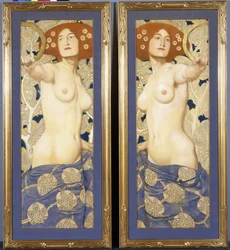 Um par de pastéis no papel, representando figuras femininas semi-nuas, c.1900
