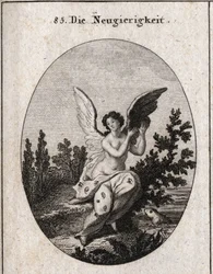 Alegoria de curiosidade representada com um drapeado pontilhado de orelhas e olhos As asas elevadas Gravura em "Iconologie oder Ideen aus dem Gebiet der Leidenschaften und Allegorien bildich dargestellt fur Zeichner, Mahler, Dichter, Gelehrte, Erzieher und