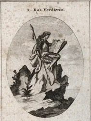 Allegorie du merite representa no topo de uma rocha íngreme com armas e um livro que a simboliza como resultado dos seus trabalhos e estudos. Gravura em "Iconologie oder Ideen aus dem Gebiete der Leidenschaften und Allegorien bildestellt dargestellt fur Ze