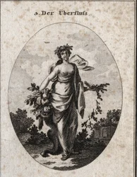 Alegoria da Abundância. Nós a representamos bela e graciosa. A coroa de flores significa a alegria dos seus dons. O buquê de orelhas e os diferentes vegetais que ela tem nas mãos arrependem-se aos pés, marcando a abundância e negligenciando a economia.