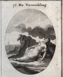 Alegoria do Desespero retrata uma adaga no peito e um ramo de cipó na mão (árvore que uma vez enfeitou os túmulos). A brisa compasso é o emblema da desordem do pensamento. Gravura em "Iconologie oder Ideen aus dem Gebiete der Leidenschaft