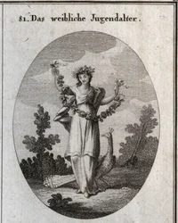 Alegoria da adolescência (rapariga adolescente), representada por uma jovem com uma coroa e uma grinalda de flores para indicar uma feliz felicidade. O pavão representa o amor pelo adorno. O seu pé está colocado sobre uma ampulheta. Gravura em “Iconologie