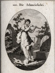 Alegoria de adulação tocando flauta para marcar que ela procura se insinuar pela doçura de suas palavras. Seu atributo é a abelha (pela doçura do mel e o veneno do ferrão) e o fole (o flettery acende o fogo das paixões). Engravin