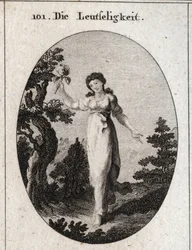 Alegoria de afabilidade apresentando uma grande floração de rosas. Gravação em "Iconologie oder Ideen aus dem Gebiet der Leidenschaften und Allegorien bildestellt fur Zeichner, Mahler, Dichter, Gelehrte, Erzieher und freunde Hoherer Geschmacksbildung" (Ic