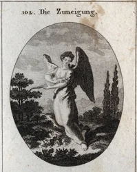 Alegoria do afecto ou da bondade. O seu atributo é o lagarto, símbolo da sua bondade e afecto natural pelos homens. Gravura em «Iconologie oder Ideen aus dem Gebiete der Leidenschaften und Allegorien bildlich dargestellt für Zeichner, Maler, Dichter,»
