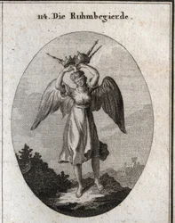 Alegoria da ambição. As suas asas assinalam a sua inclinação para se elevar e a sua temeridade é representada por vários tipos de coroas e cetros. A venda sublinha a sua falta de discernimento e a sua cegueira perante tudo aquilo que julga merecer.