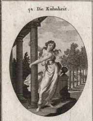 Alegoria de audácia que abraça uma coluna de apoio a um edifício, enquanto tenta derrubá-lo; Gravura em "Iconologie oder Ideen aus dem Gebiet der Leidenschaften und Allegorien bildestellt fur Zeichner, Mahler, Dichter, Gelehrte, Erzieher
