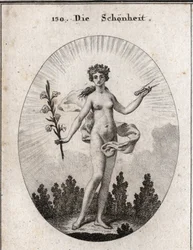 Alegoria da beleza. A compasso é o emblema da precisão das proporções. O lírio é o símbolo da beleza. Gravura em "Iconologie oder Ideen aus dem Gebiete der Leidenschaften und Allegorien bildestellt dargestellt fur Zeichner, Mahler, Dichter, Gelehr