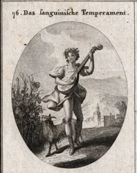 Alegoria da tez de sangue. O bode que come uvas mostra que o sangue é levado aos prazeres do amor e do bacalhau. Gravura em "Iconologie oder Ideen aus dem Gebiete der Leidenschaften und Allegorien bildestellt dargestellt fur Zeichner, Mahler, Dicht