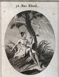 Alegoria de calamite. Ela senta-se em brisas cuja fragilidade é a imagem da instabilidade da fortuna e das misérias da vida. Gravura em "Iconologie oder Ideen aus dem Gebiete der Leidenschaften und Allegorien bildestellt dargestellt fur Zeichner, Mahler,