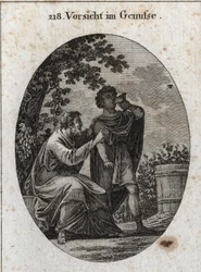 Alegoria de prudência enquanto desfruta. Um filósofo nos adverte que a videira produz três tipos de uvas: a do prazer, a da embriaguez e a dos duplos e da loucura. Gravura em "Iconologie oder Ideen aus dem Gebiete der Leidenschaften und All