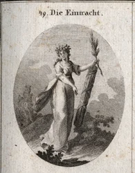 Alegoria de concórdia representada com uma coroa de granadas emblema de união. O ramo de oliveira e um símbolo de paz e a viga de pátios firmemente unidos marca o poder das forças unidas. Gravura em "Iconologie oder Ideen aus dem Gebiete der Leidens