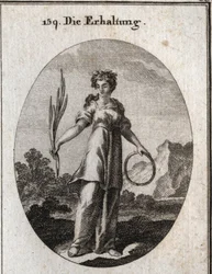 Alegoria de conservação. O ramo de cedro é incorruptível, mas é também o emblema da conservação e o círculo da sucessão conti. Ela usa uma coroa de plantas aromáticas que foram usadas pelos egípcios para preservar os mortos. Gravura em "Icono