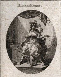 Alegoria de cortesia representada por uma mulher rica, graciosa e sorridente que repreende o dinheiro e as jóias. Gravação em "Iconologie oder Ideen aus dem Gebiet der Leidenschaften und Allegorien bildestellt fur Zeichner, Mahler, Dichter, Gelehrte, Er